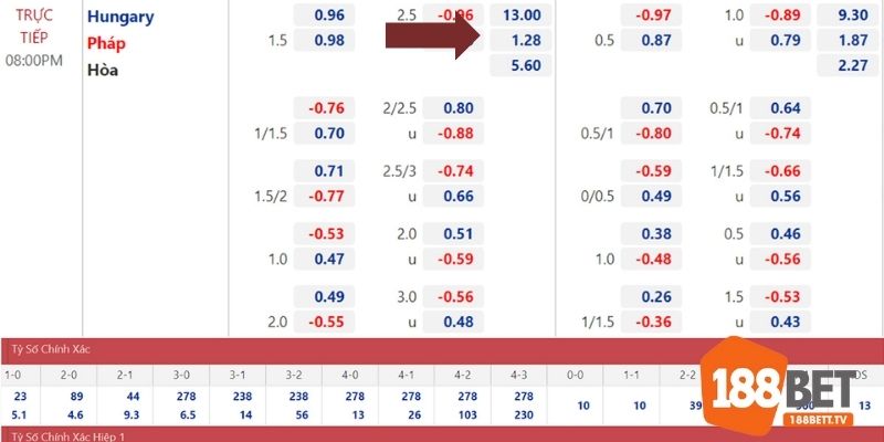 Ví dụ về kèo châu Âu trong trận đấu giữa Hungary và Pháp